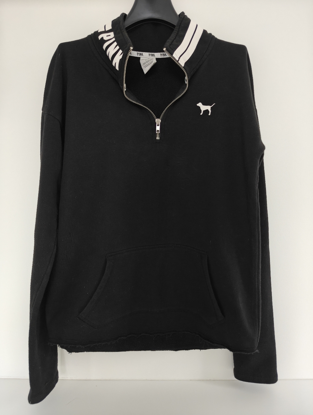 Victoria's Secret PINK black 1/4 zip sweatshirt w/white Logo Print Collar Sz  S